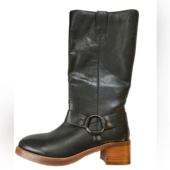Frye Camryn Tall Shaft Harness Boots Black Leather in Sz 9 - Picture 4 of 12